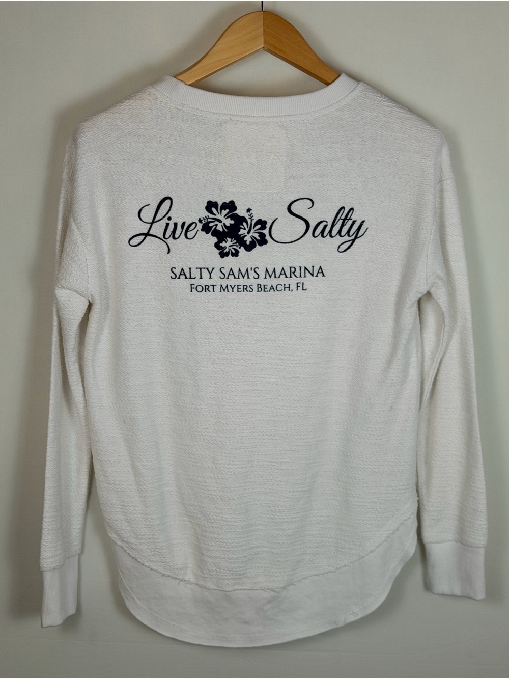 Live Salty Marina Coastal Sweatshirt Layered Hem White Beach Pullover Small